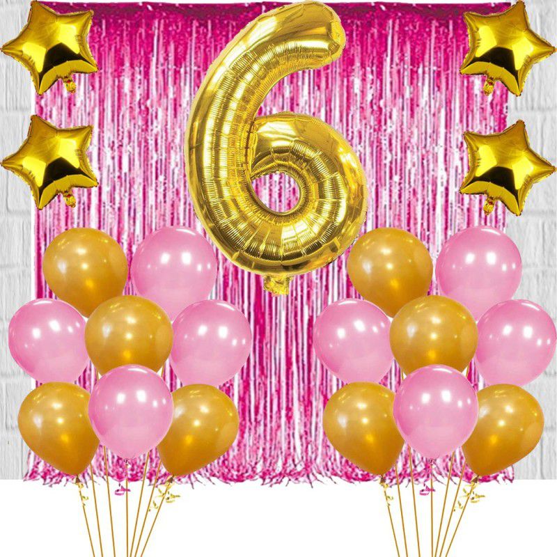 Acril 6TH Birthday Baby Girl/Boy Decoration Combo. Foil curtain Pink (2pc) Number Foil Balloon(1pc) and Gold & Pink Metallic Balloons (50pc) Gold Star(4pc) Set of 57Pcs  (Set of 57)