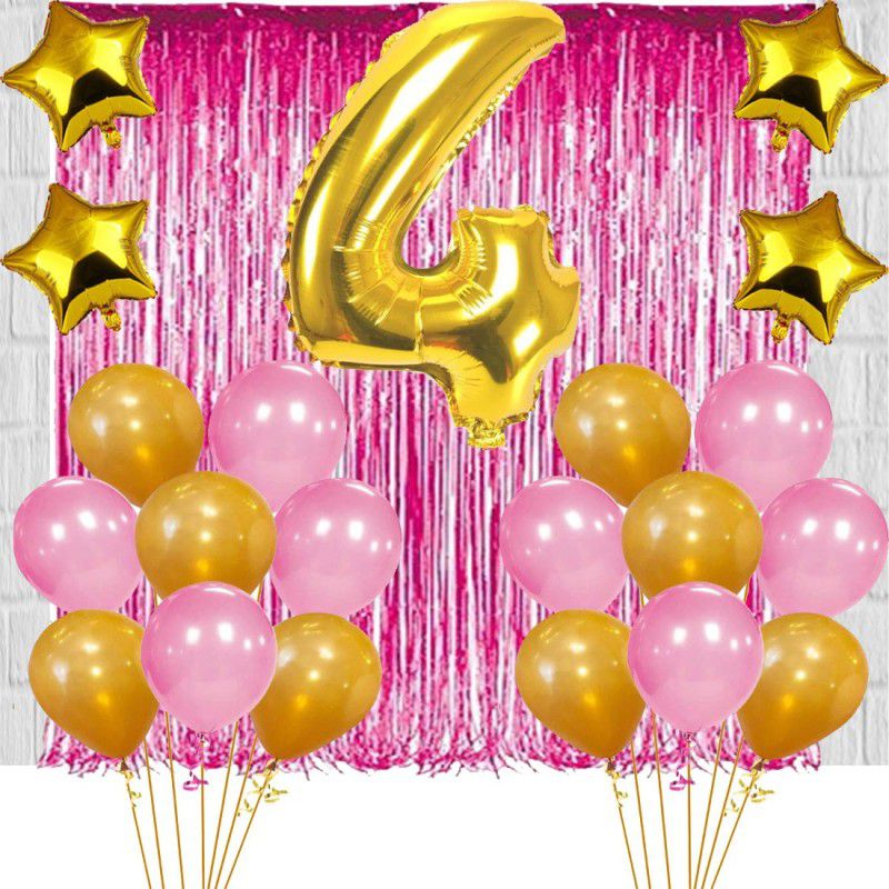 Acril 4TH Birthday Baby Girl/Boy Decoration Combo. Foil curtain Pink (2pc) Number Foil Balloon(1pc) and Gold & Pink Metallic Balloons (50pc) Gold Star(4pc) Set of 57Pcs  (Set of 57)