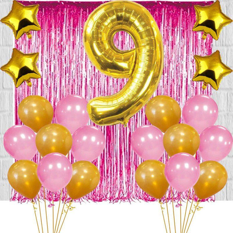 Acril 9TH Birthday Baby Girl/Boy Decoration Combo. Foil curtain Pink (2pc) Number Foil Balloon(1pc) and Gold & Pink Metallic Balloons (50pc) Gold Star(4pc) Set of 57Pcs  (Set of 57)