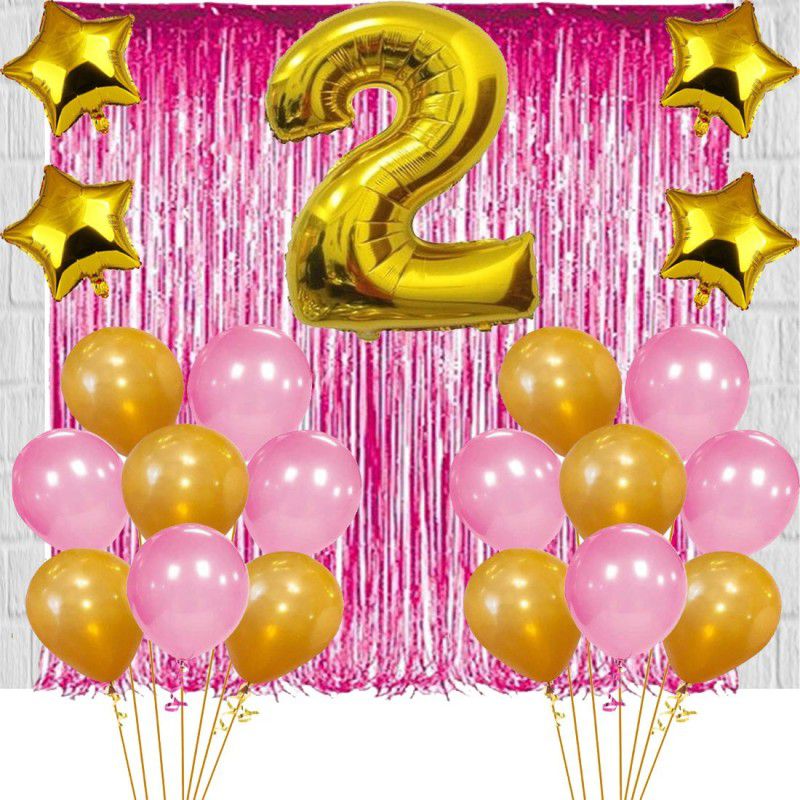 Acril 2ND Birthday Baby Girl/Boy Decoration Combo. Foil curtain Pink (2pc) Number Foil Balloon(1pc) and Gold & Pink Metallic Balloons (10pc) Gold Star(4pc) Set of 17Pcs  (Set of 17)