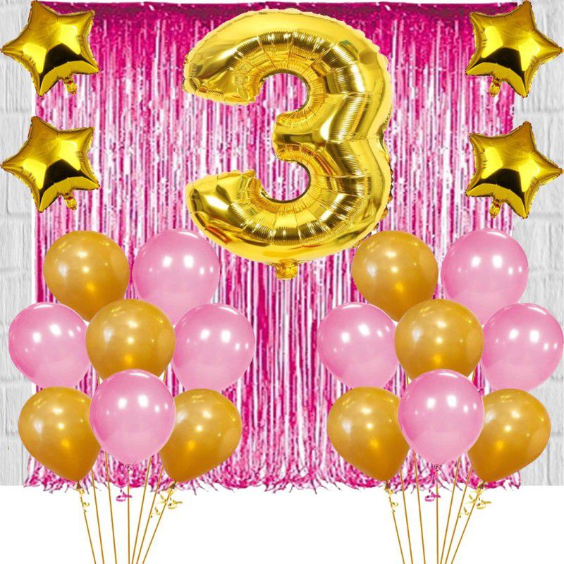 Acril 3RD Birthday Baby Girl/Boy Decoration Combo. Foil curtain Pink (2pc) Number Foil Balloon(1pc) and Gold & Pink Metallic Balloons (20pc) Gold Star(4pc) Set of 27Pcs  (Set of 27)