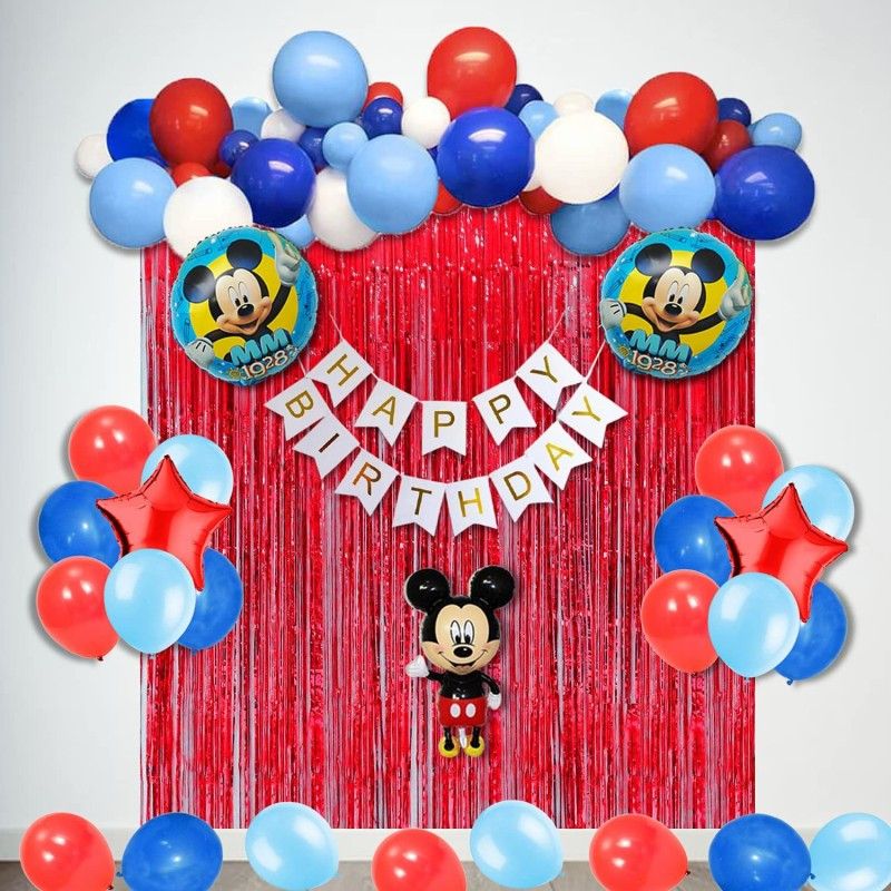 Fun and Flex Mickey Mouse Decorations - Banner, Mickey Foil 5pcs, 30 Red Blue White Balloons  (Set of 37)