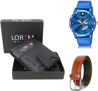 LOREM Belt, Wallet &amp; Watch Combo  (Black, Tan, Blue)