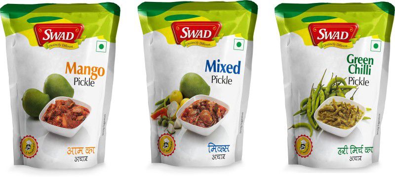 SWAD Combo Pack of Delicious and Spicy Mango Pickle, Mixed Pickle and Green Chili Pickle| 200g Each Mango, Garlic, Lemon, Carrot, Tenti, Raw Mango(Kairi) Pickle  (3 x 200 g)