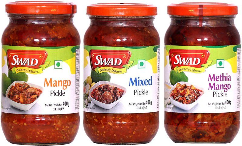 SWAD Combo Pack of Delicious Methia Mango Pickle, Mixed Pickle and Mango Pickle | 400g Each | Pack of 3 Mango, Mixed, Raw Mango(Kairi) Pickle  (3 x 0.4 kg)