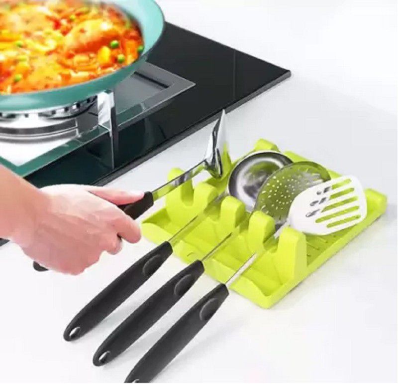 best selling 4 Slots Plastic Spoon Rest Stand Lid Green Rack Holder for Kitchen Platform Cutlery Kitchen Rack  (Plastic, Green)