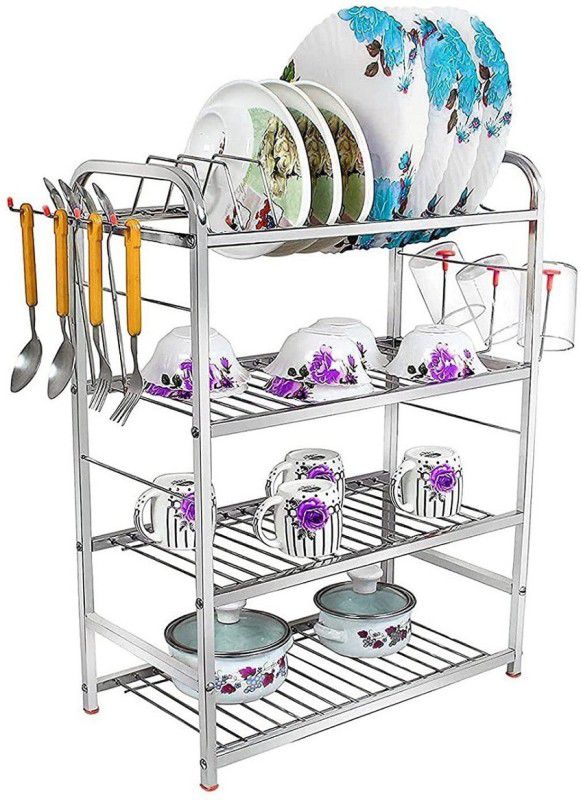 Irontech Stainless Steel 4 Layer Wall Mount Kitchen Rack with Plate & Cutlery Stand Utensil Kitchen Rack  (Steel, Silver)