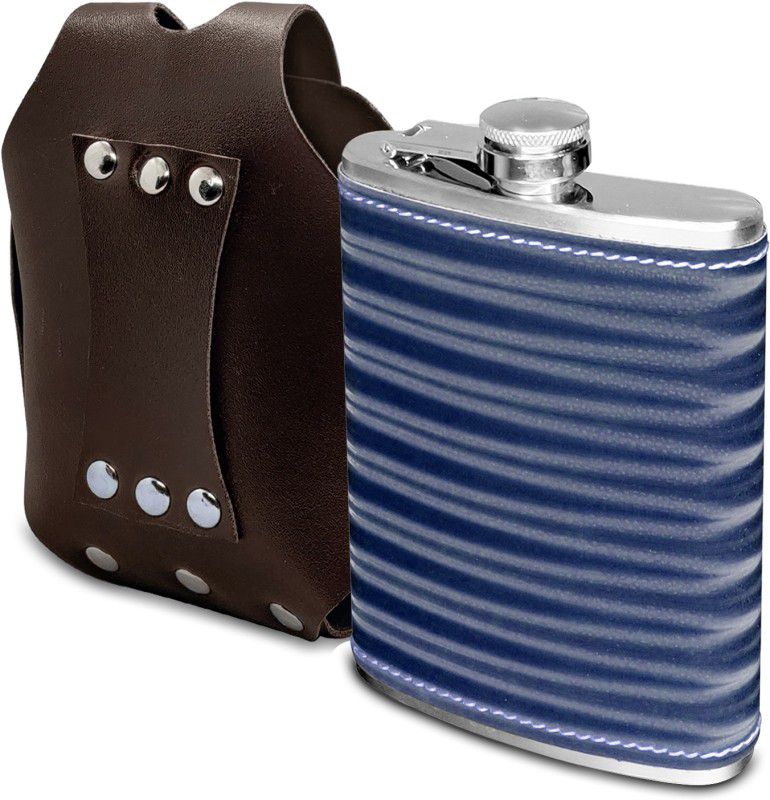 JMALL ™3D 7oz Blue Flask with Button Brown Cover For Drink Storage Easy Carry 207ml. Stainless Steel Hip Flask  (207 ml)
