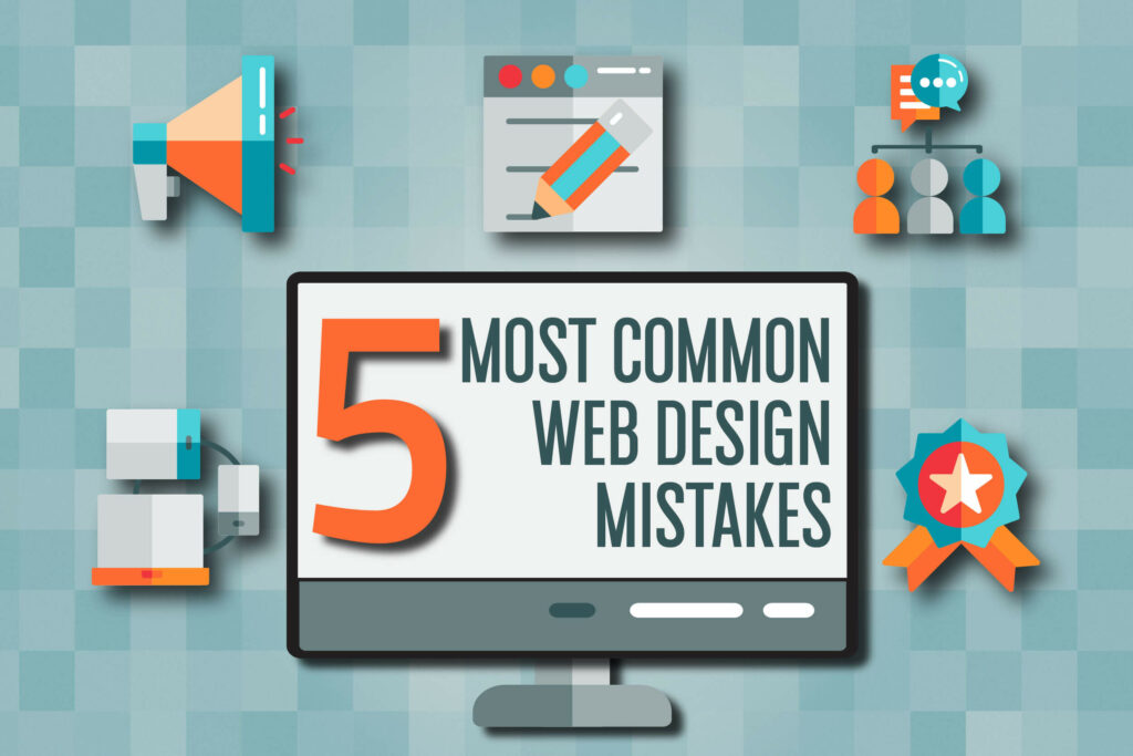 Illustration depicting the 5 most common web design mistakes: Poor Navigation, Cluttered Layout, Slow Page Load Times, Lack of Responsiveness, and Ineffective Call-to-Action Design.