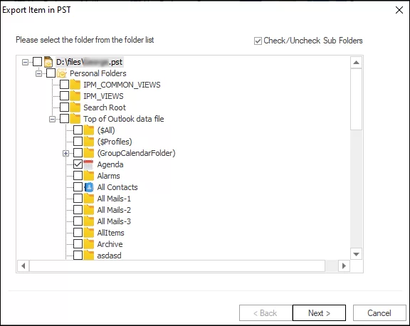 Select or deselect the subfolders list to export in Outlook PST and click the Next button.