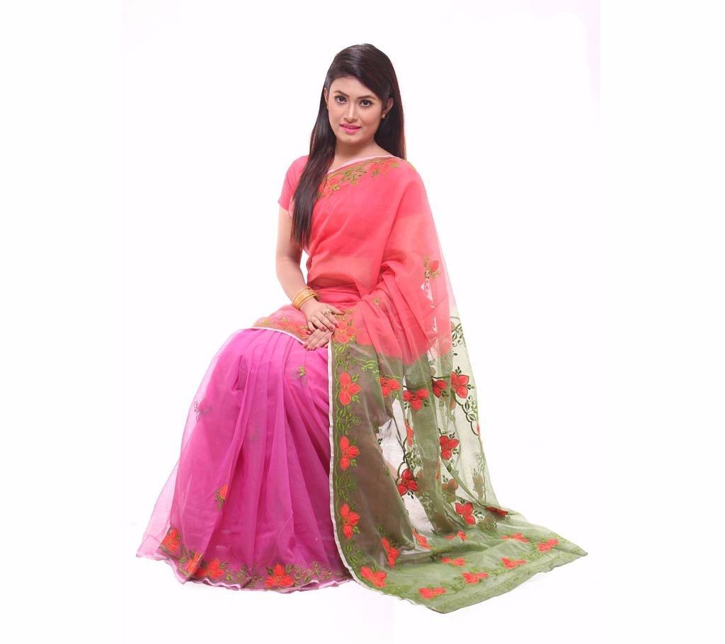 Three Shade Muslin Silk Hand Embroidery Sharee