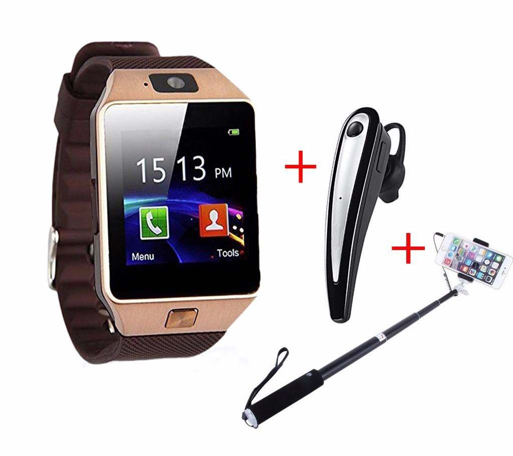 Samrt Watch + Bluetooth Earphone +Selfie Stick Combo
