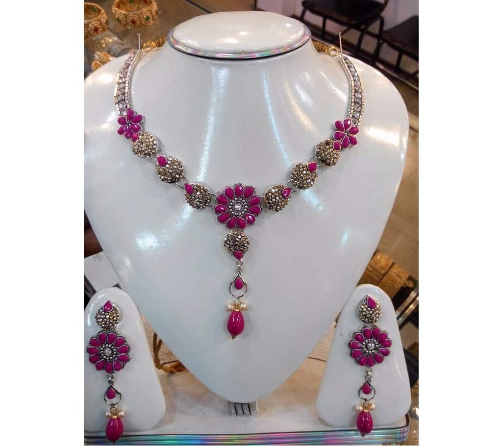 Silver plated magenta stone setting necklace set