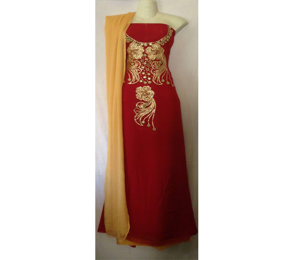 Unstitched Mirror karchupi Works Georgette Thee Piece Dress
