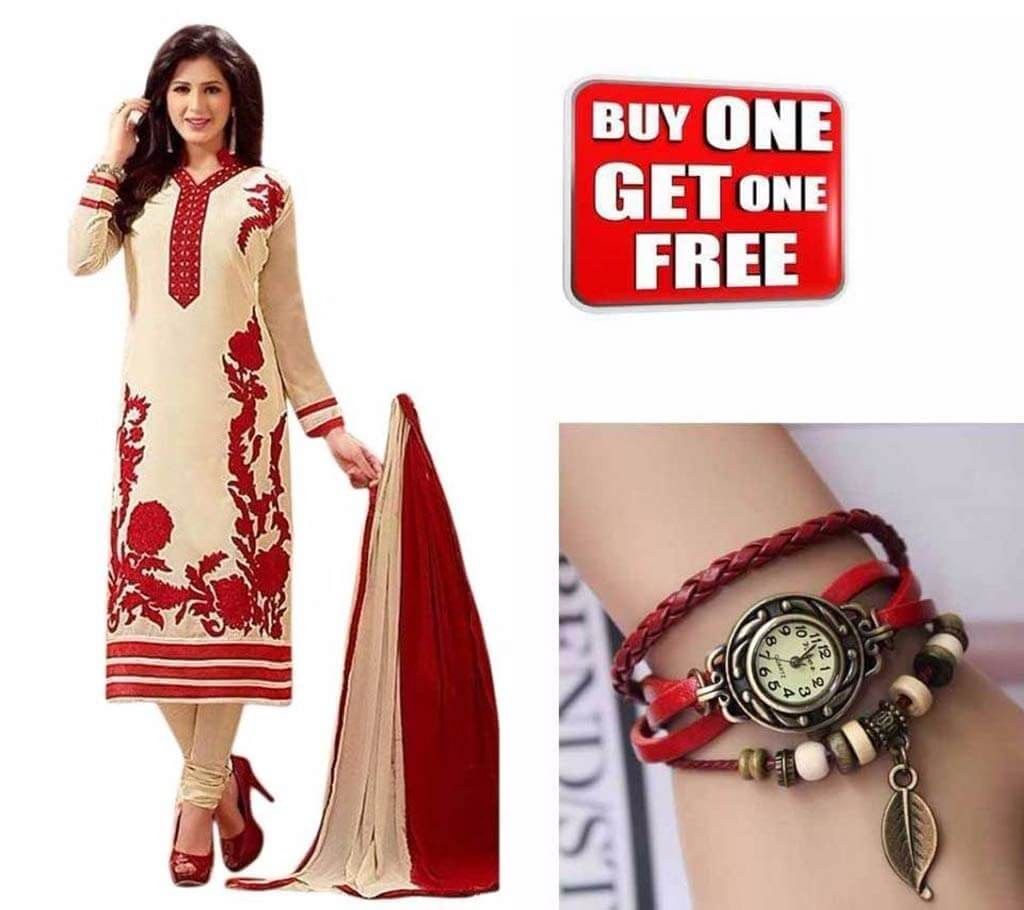 Unstitched Cotton Three Piece With Wristwatch Free 