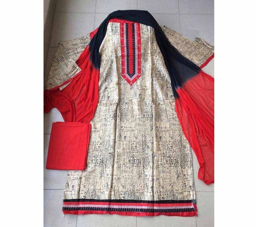 Unstitched mixed cotton three pc