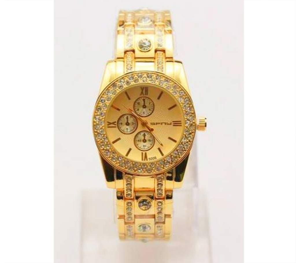 Ladies rhinestone setting golden wrist watch