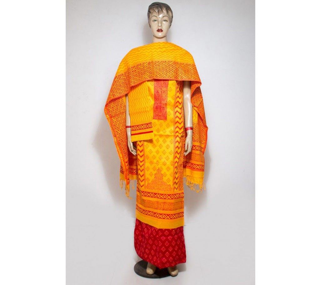 Yellow And Red Boil Cotton Block Printed three piece 