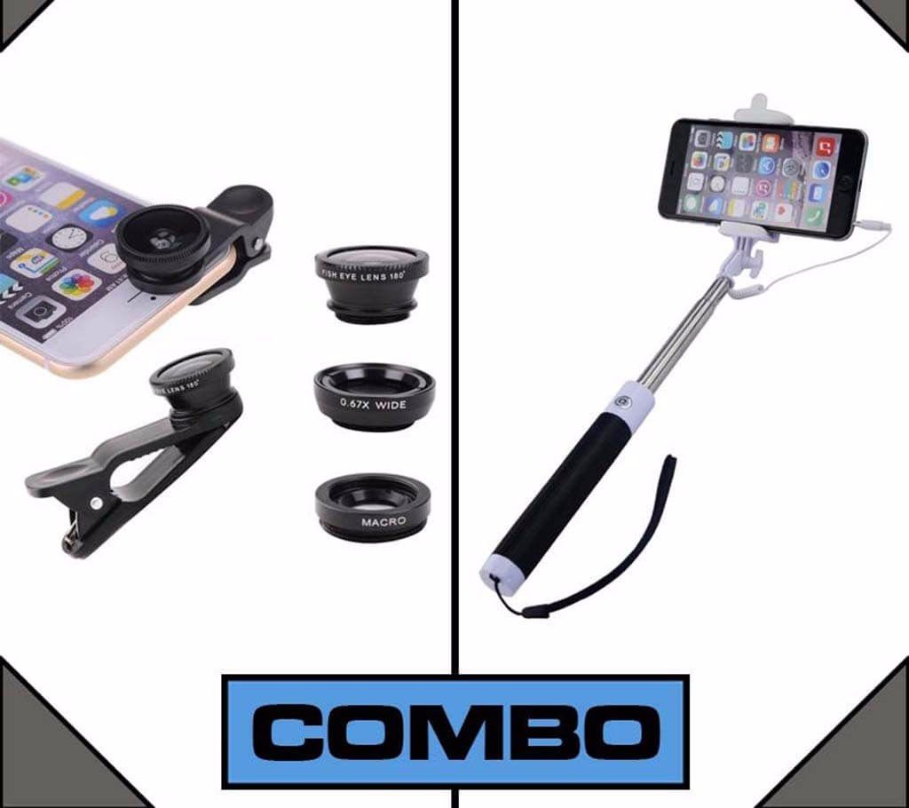 Selfie stick+3 In 1 camera lense Combo Offer
