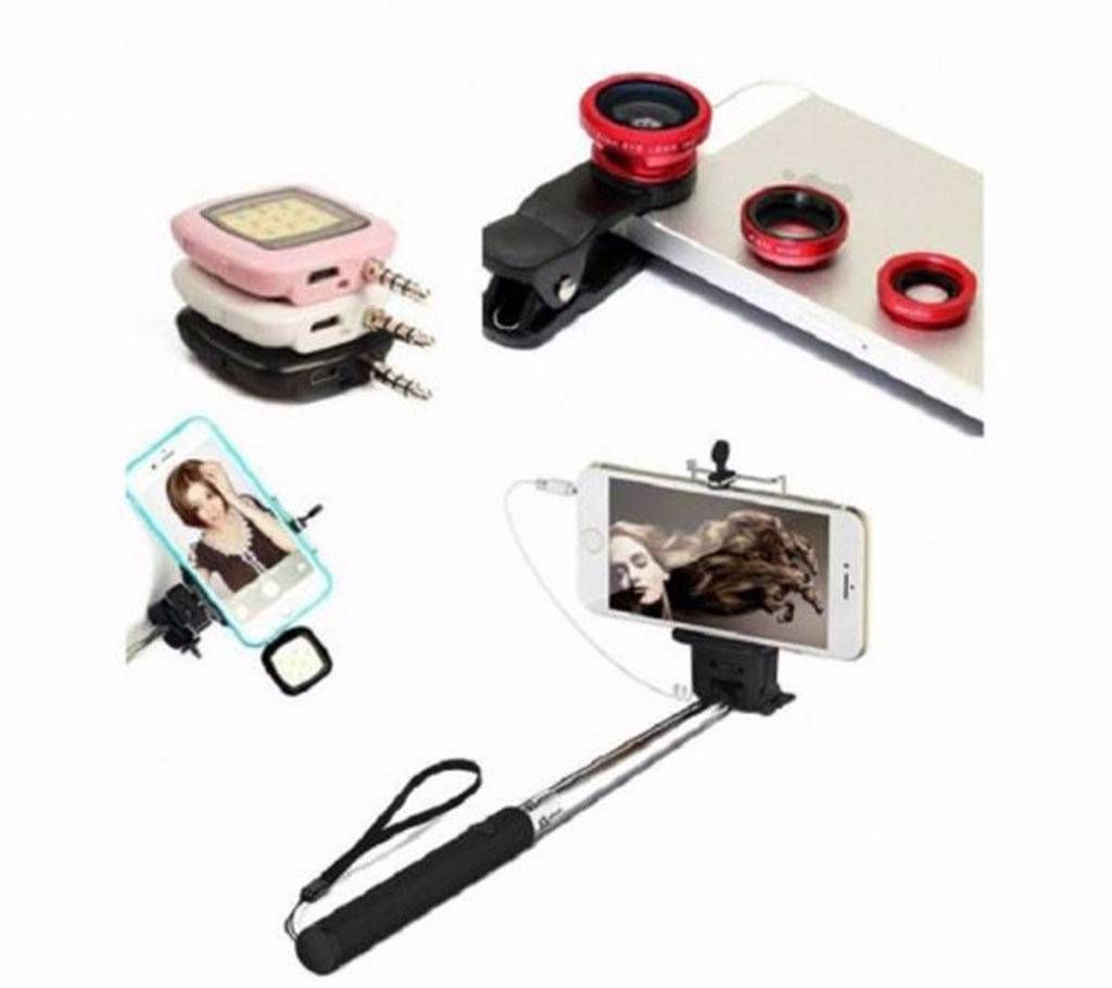 Selfie Stick With 3 in 1 Lens & Led Selfie Flash Light