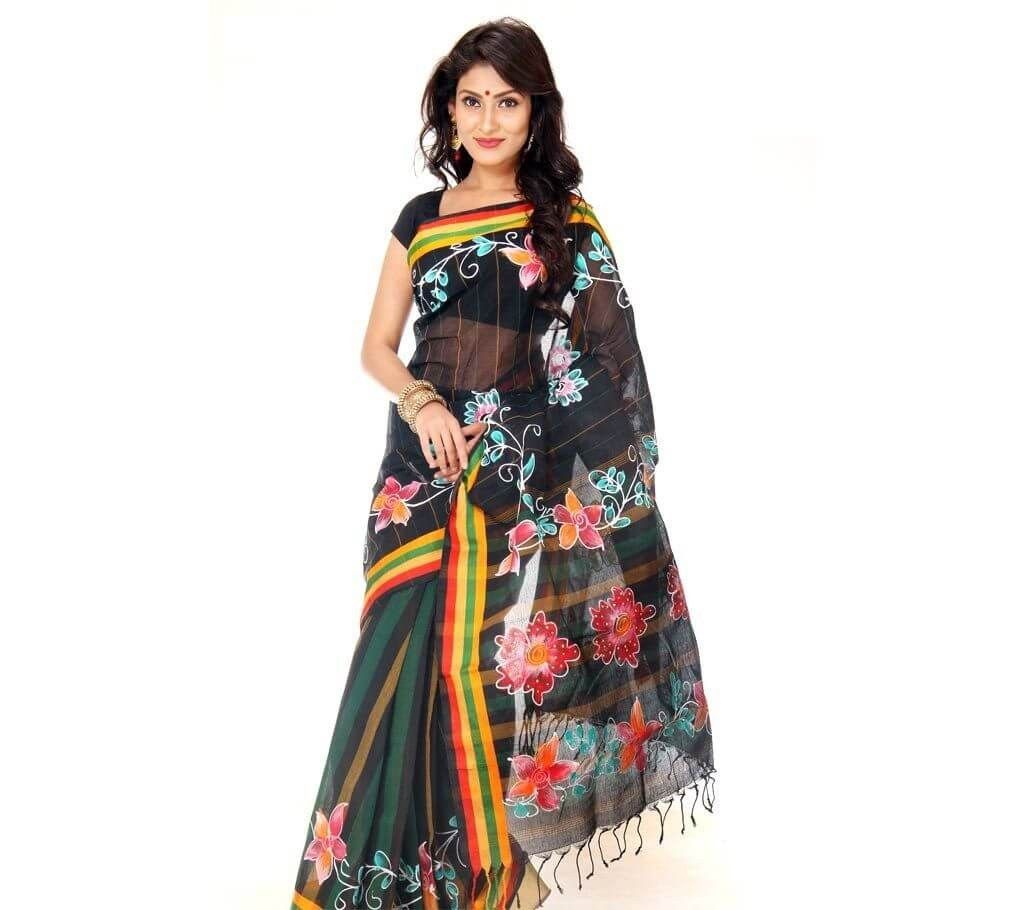 Floral hand printed cotton sharee