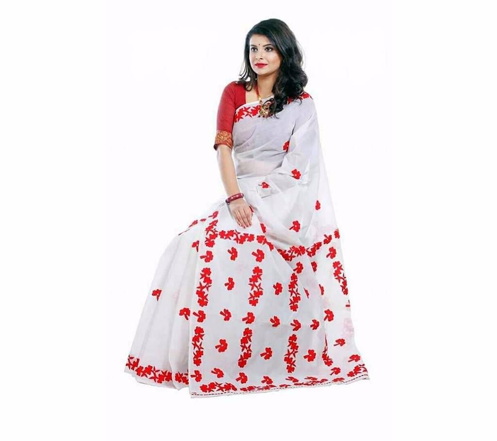 Red white pure cotton sharee