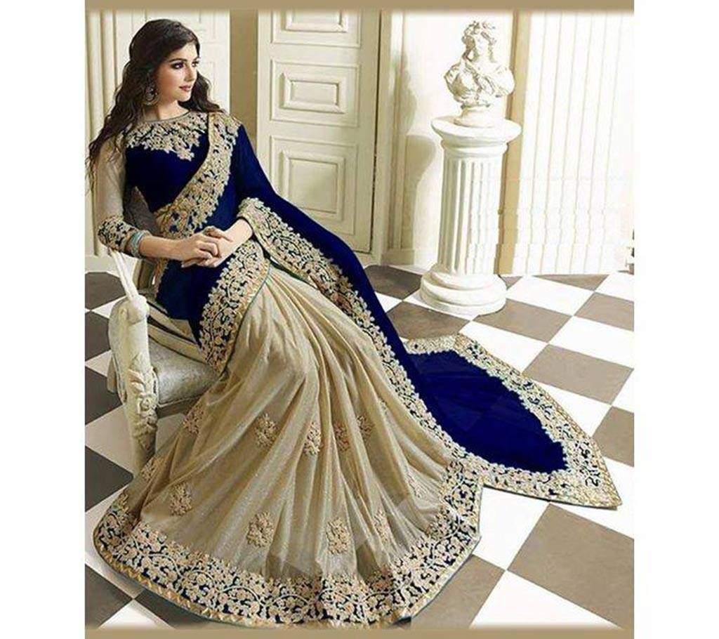Beige And Navy Blue Georgette Sharee