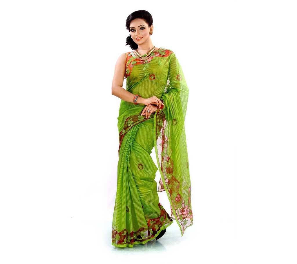 Green silk sharee with applique work 