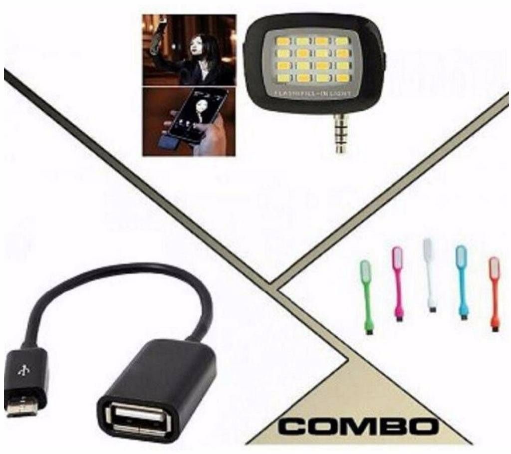 Selfie Flash Light +OTG Cable + USB LED Light Combo