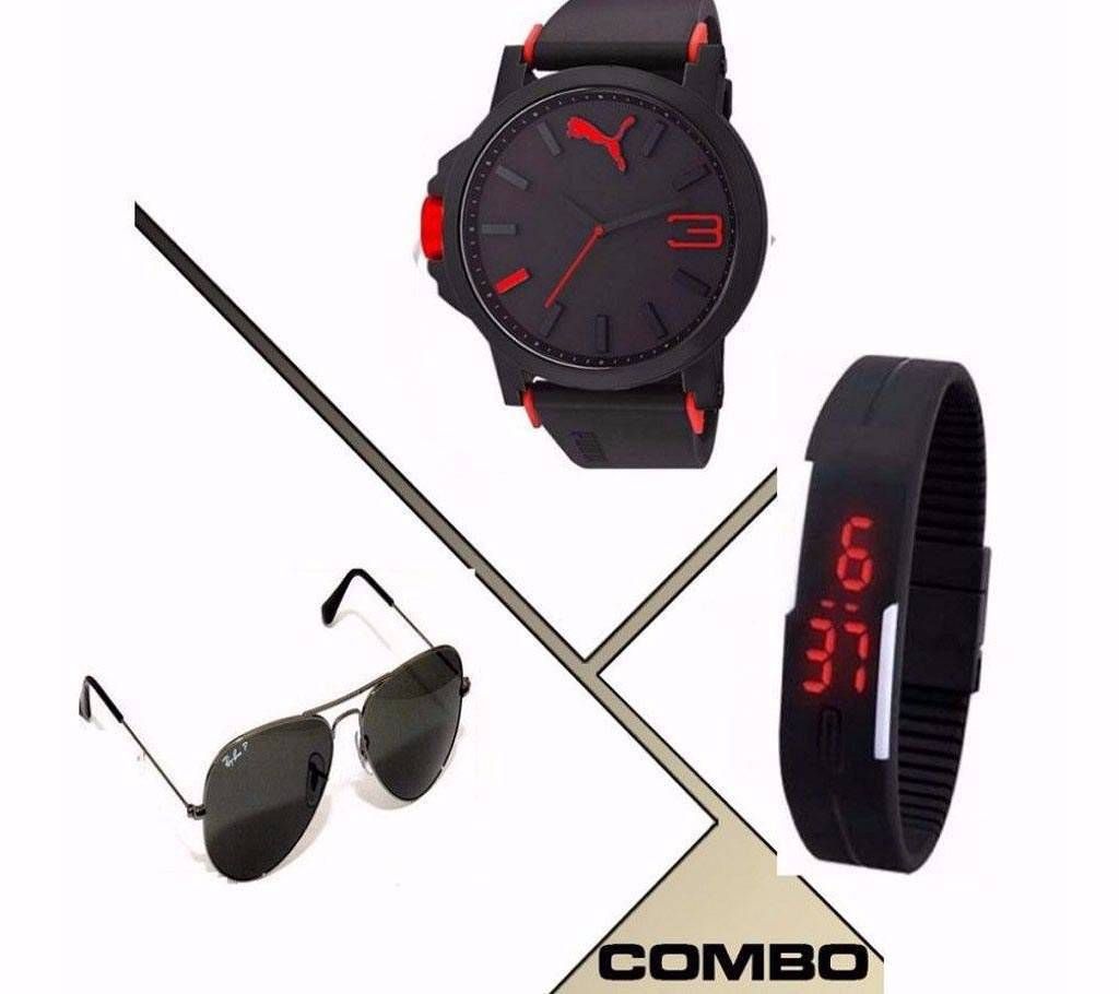 LED Watch PUMA Watch RAY BAN Sunglasses Combo