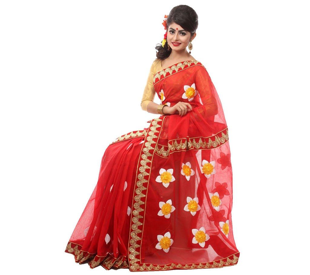 Muslin Silk Applique Hand Embroidery Saree 