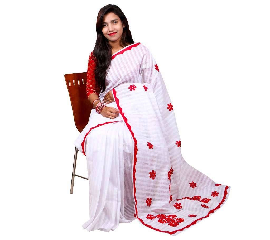 Red & white combination with applique cotton sharee 
