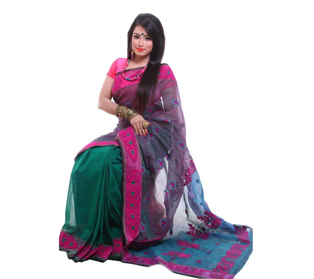 Cotton Three Shade Hand Embroidery Sharee