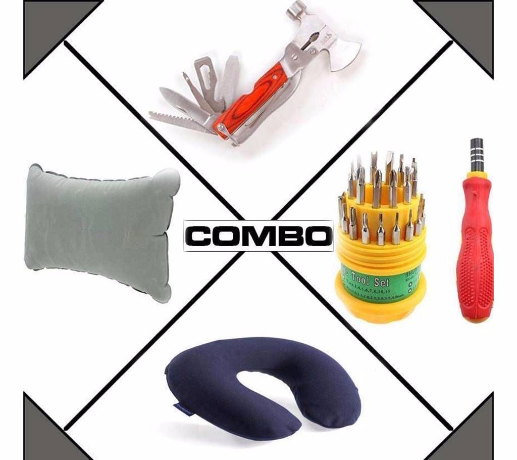 Combo of Travel Pillow + Inflatable Air Pillow + Multi-function Hammer + 31 in 1 Tool Kit
