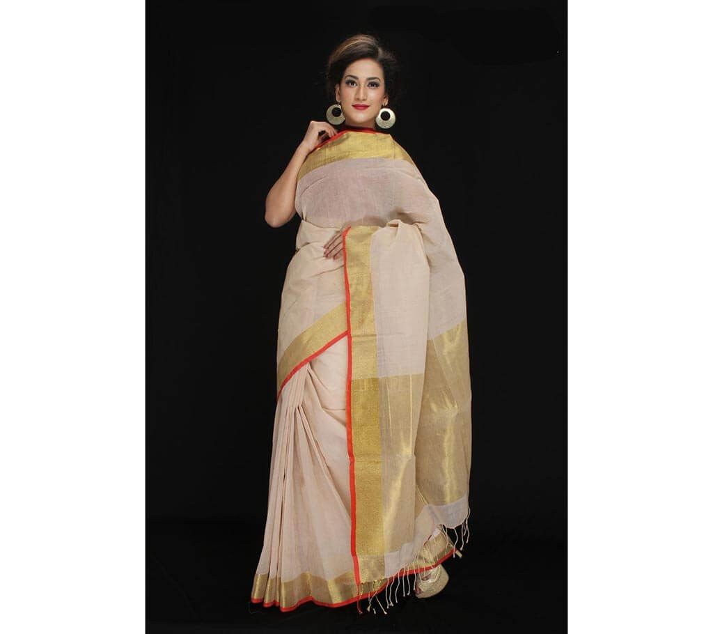 White handloom cotton sharee with golden border 