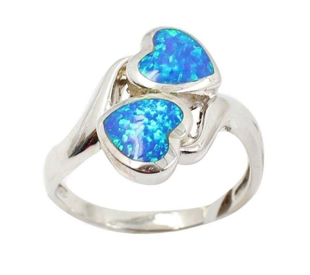 Double Heart Shaped Blue Opal Stone Finger Ring