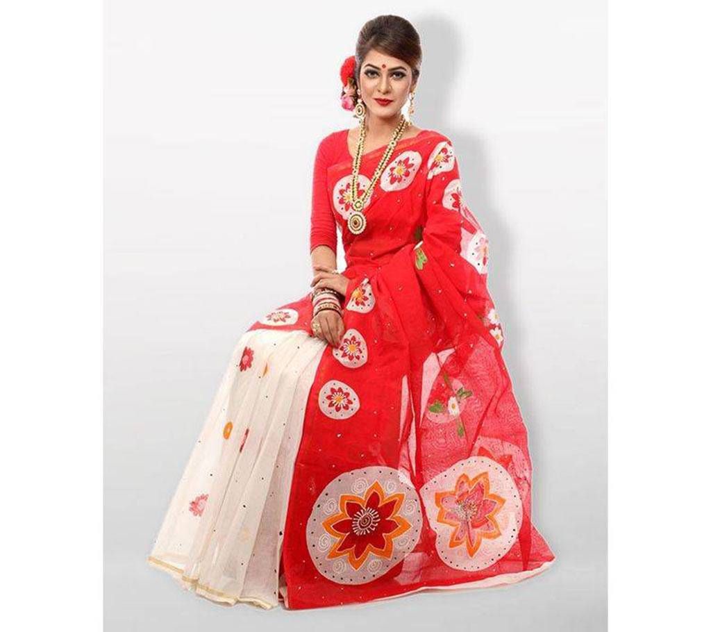 Red and White Printed and Block Cotton Sharee 