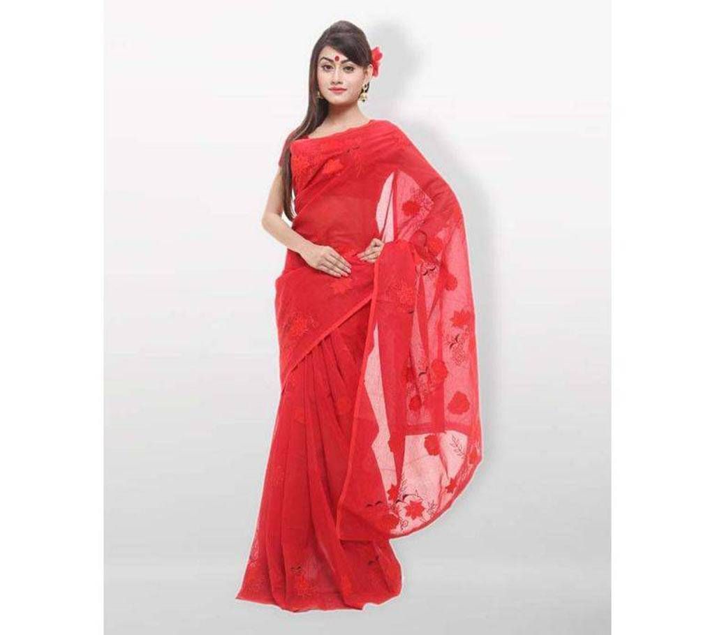 Cutwork Applique Cotton Saree - Red