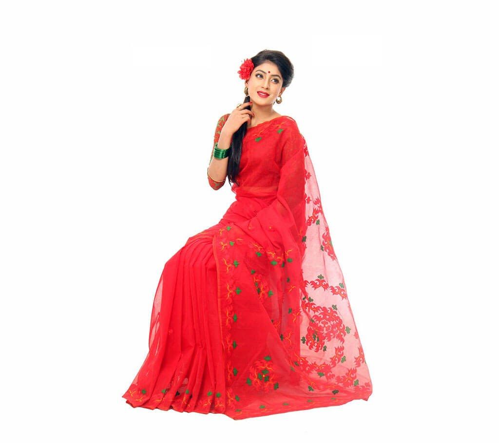 Pure Red Muslin Silk Hand Embroidery Saree