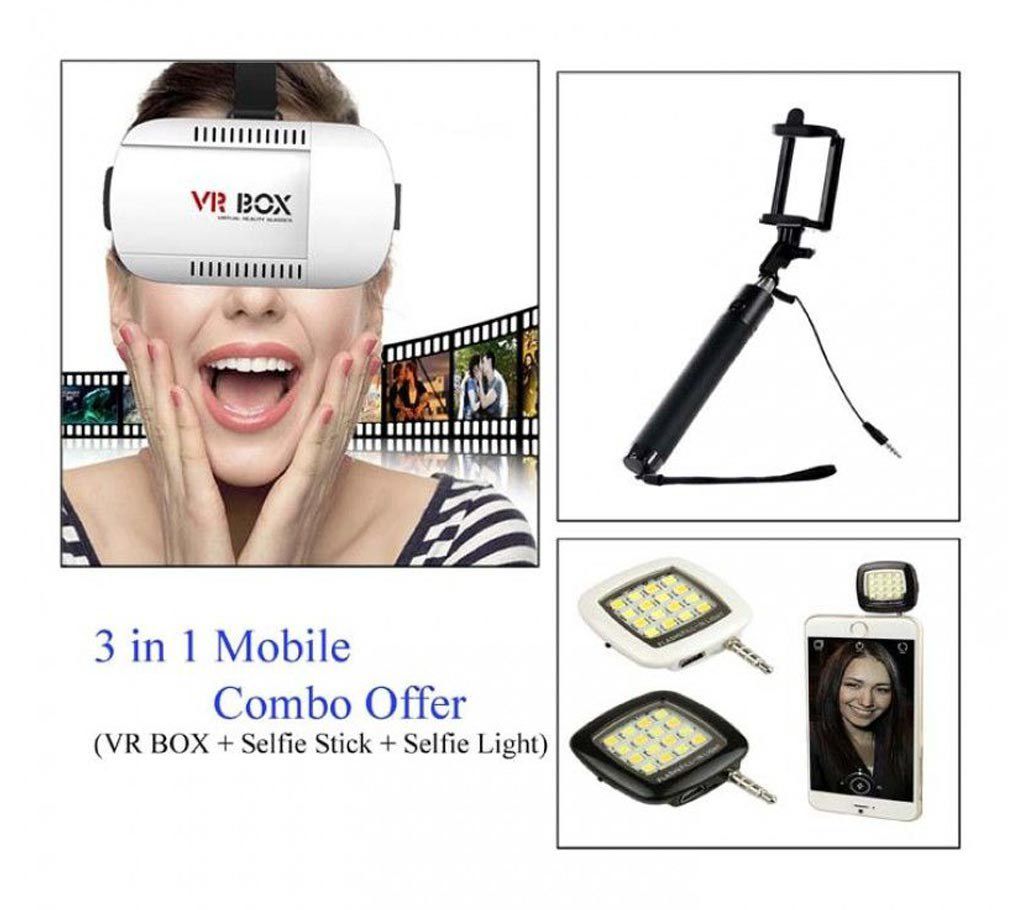 VR Box 2.0+Bluetooth Selfie Stick+Selfie Light Combo