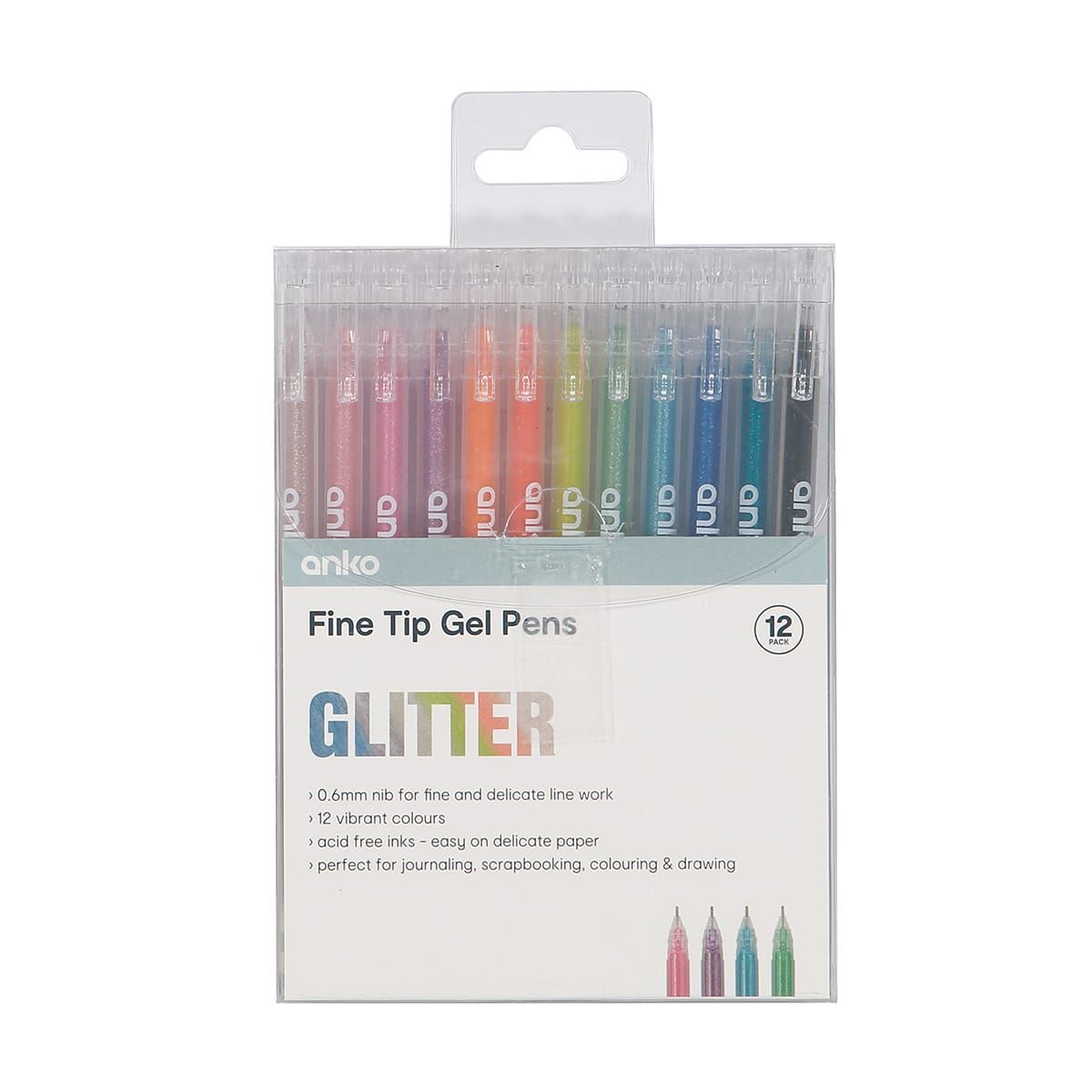 12 Pack Fine Tip Glitter Ink Gel Pens