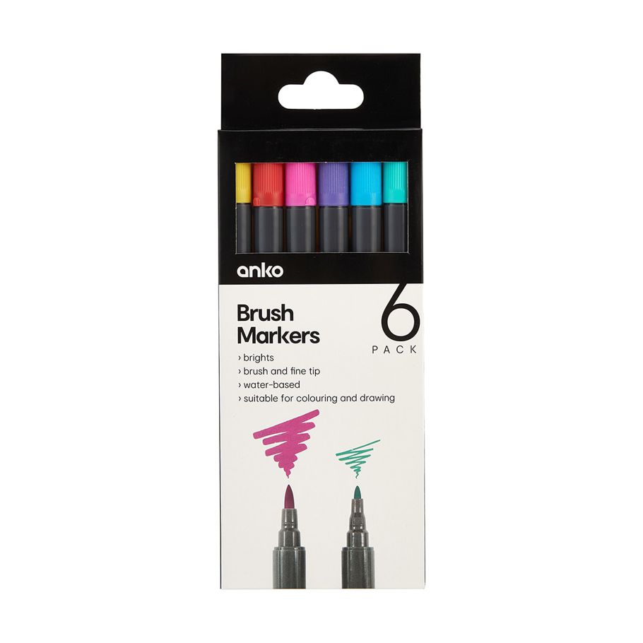 6 Pack Brush Markers - Brights