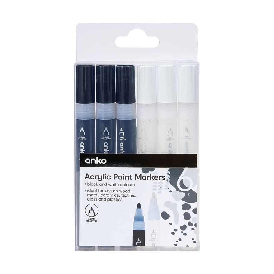 6 Pack Acrylic Paint Markers - Black and White