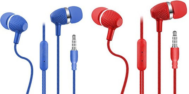 Arham Retail Premium Unbreakable Bass Boosted Wired Earphones with Mic Pack Of 2 Wired Headset  (Blue, Red, In the Ear)