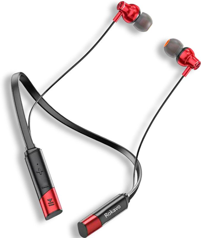 ROKAVO Sport Earphones Headphone Wireless neckband Earbuds 40hr Music Neckband Headset Bluetooth Headset  (Red, In the Ear)