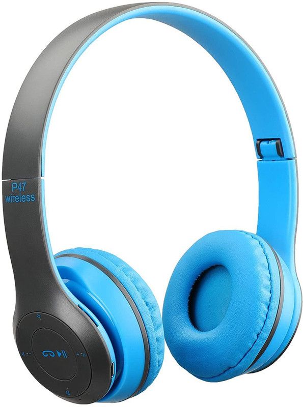 P47 Foldable/Sports/Office/ Gaming Wireless Headphone with Mic Bluetooth Headset Bluetooth Headset  (Blue, On the Ear)