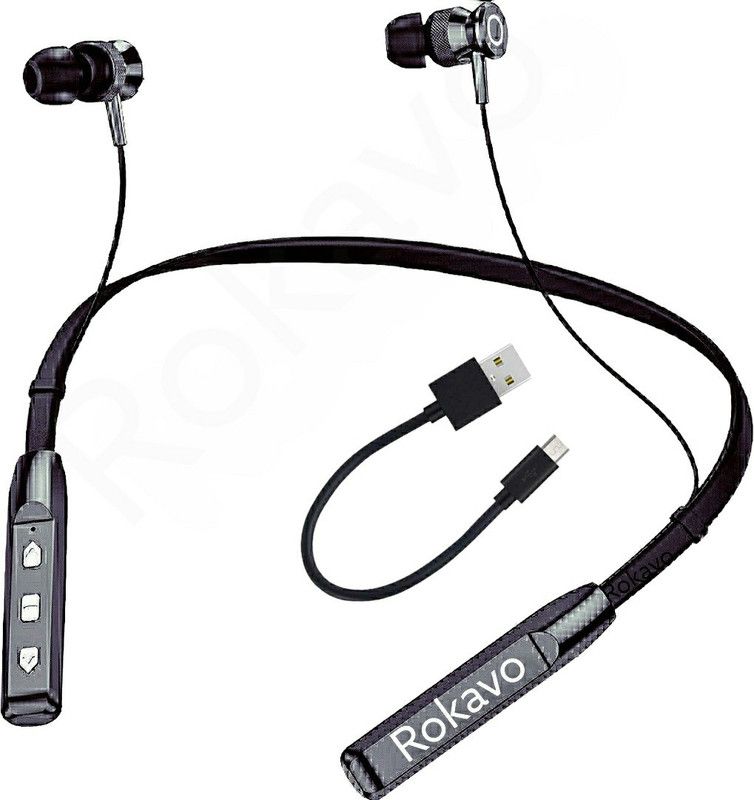 ROKAVO Z+pro 42Hr long Battery Headphone Headset neckband earphone earbuds light black Bluetooth & Wired Headset  (Black, In the Ear)