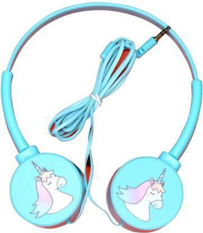 Ajauni Stylish Unicorn Wired Headphone 3.5mm Foldable Adjustable Wired without Mic Headset  (Blue, On the Ear)