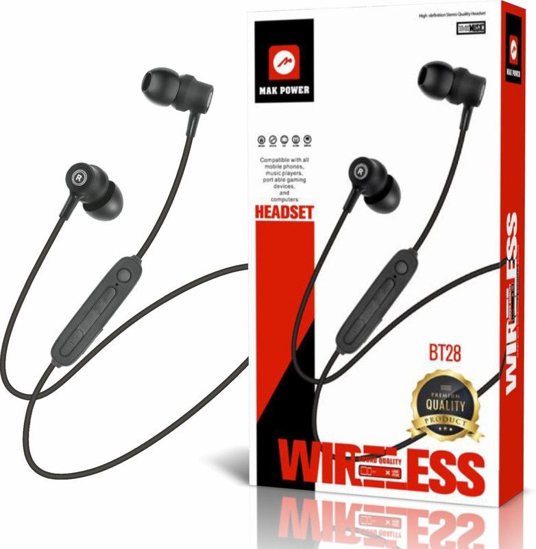 MAK POWER Sports Wireless Headset Neck Band BT-28 Bluetooth Headset  (Black, In the Ear)
