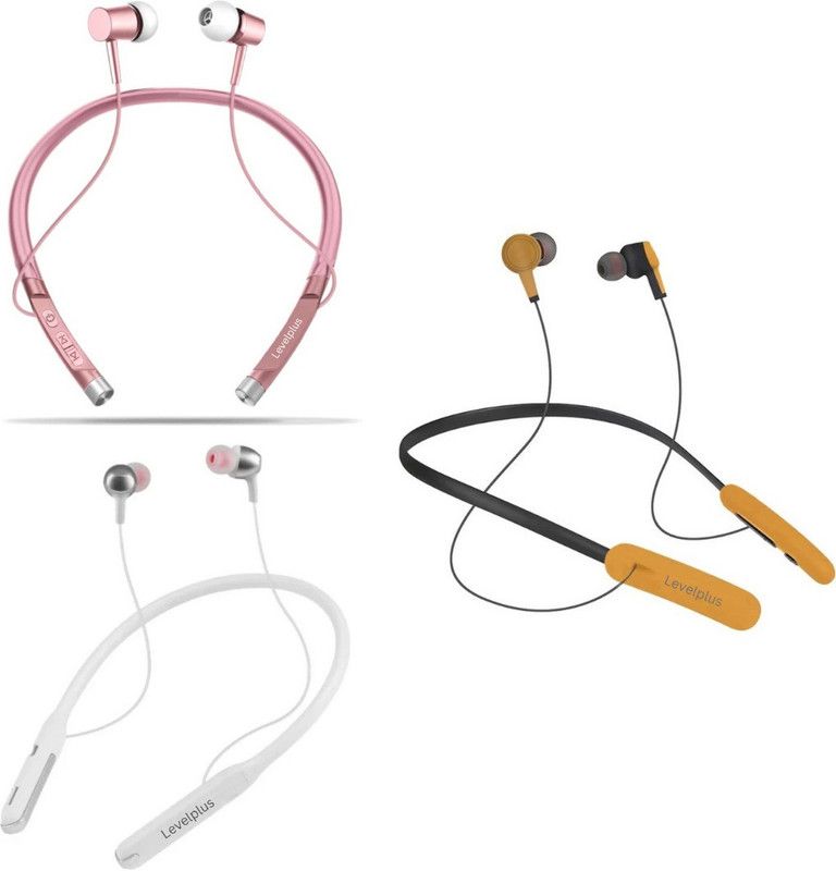 LEVELPLUS Omega & Rise & Horizon Neckband Combo 45 Hours Playtime Bluetooth Headset  (Pink, Gold, White, True Wireless)